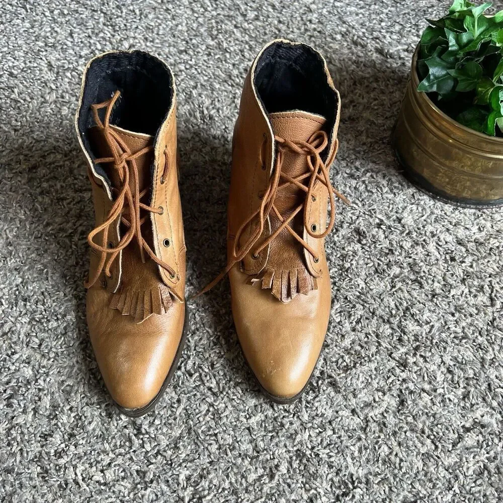 Vtg Granny Roper Brown Leather Boots Western Lace Fringe Riding Kiltie 5.5 New